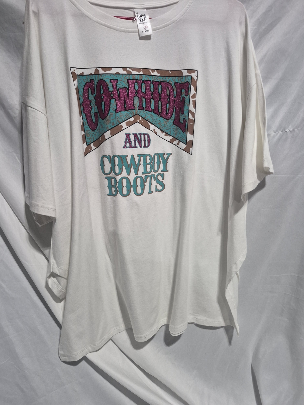 Cowhide and Cowboy Boots Graphic Tee - White with Teal & Pink Print